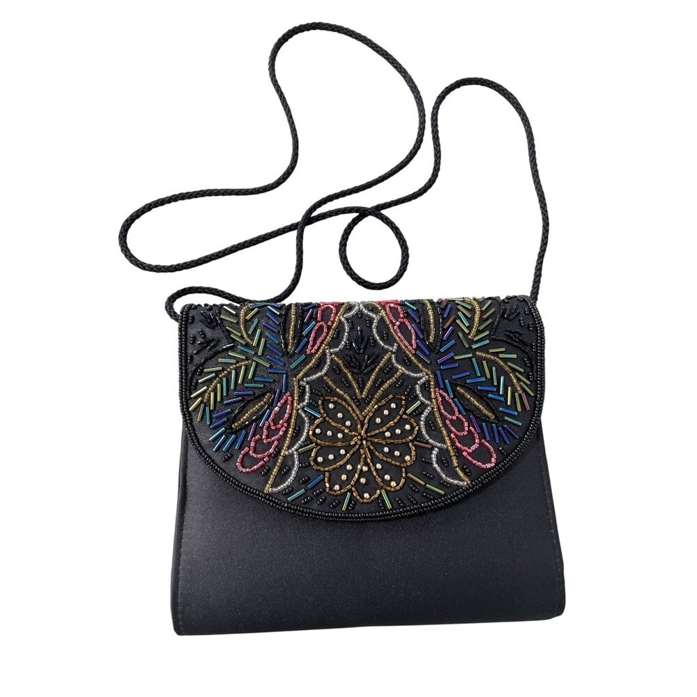 Beaded Crossbody Shoulder Bag Black Multicolor Snap Flap Front Braided Strap